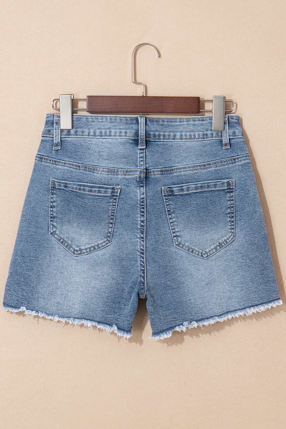 Dusk Blue Pearl Beaded Raw Hem Medium Wash Denim Shorts