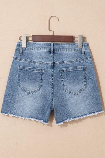 Dusk Blue Pearl Beaded Raw Hem Medium Wash Denim Shorts