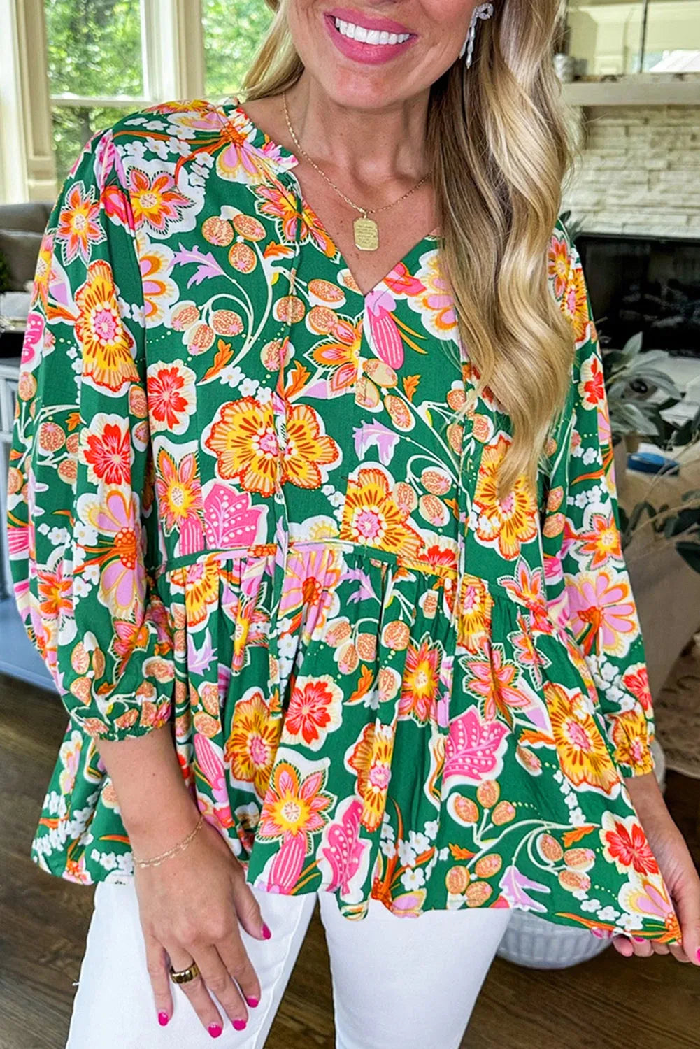 Green Floral Puff Sleeve V Neck Peplum Blouse - Chic Meadow Boutique 