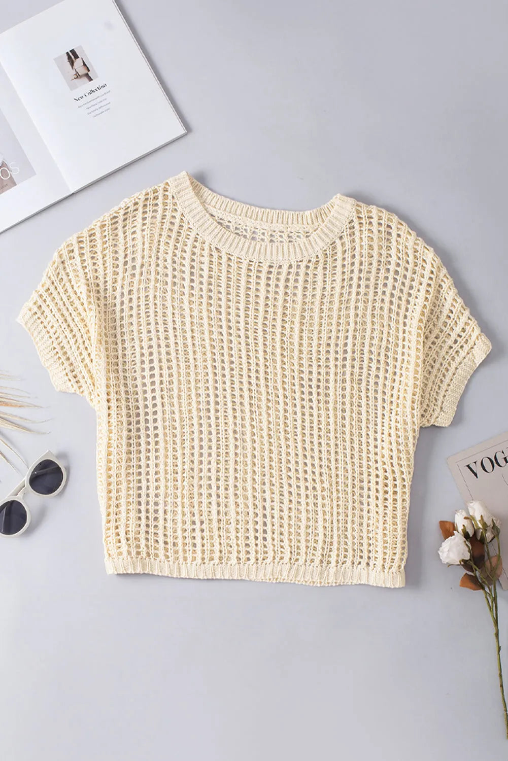 Apricot Fishnet Knit Ribbed Round Neck Short Sleeve Sweater Tee - Chic Meadow Boutique 