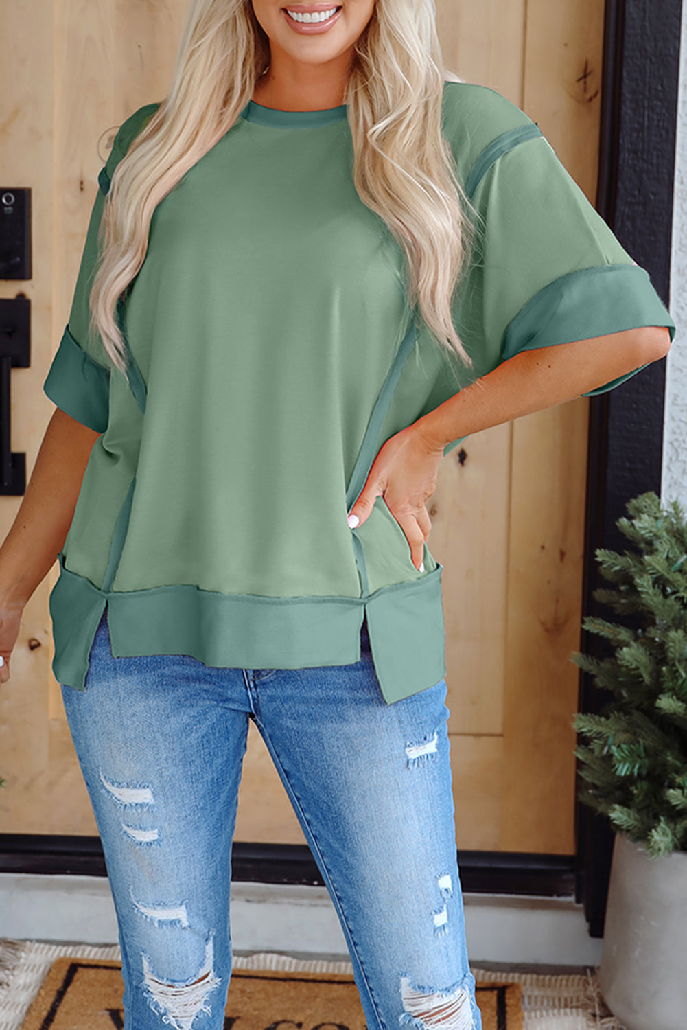 Smoke Green Half Sleeve Raw Seam High Low Side Split Top