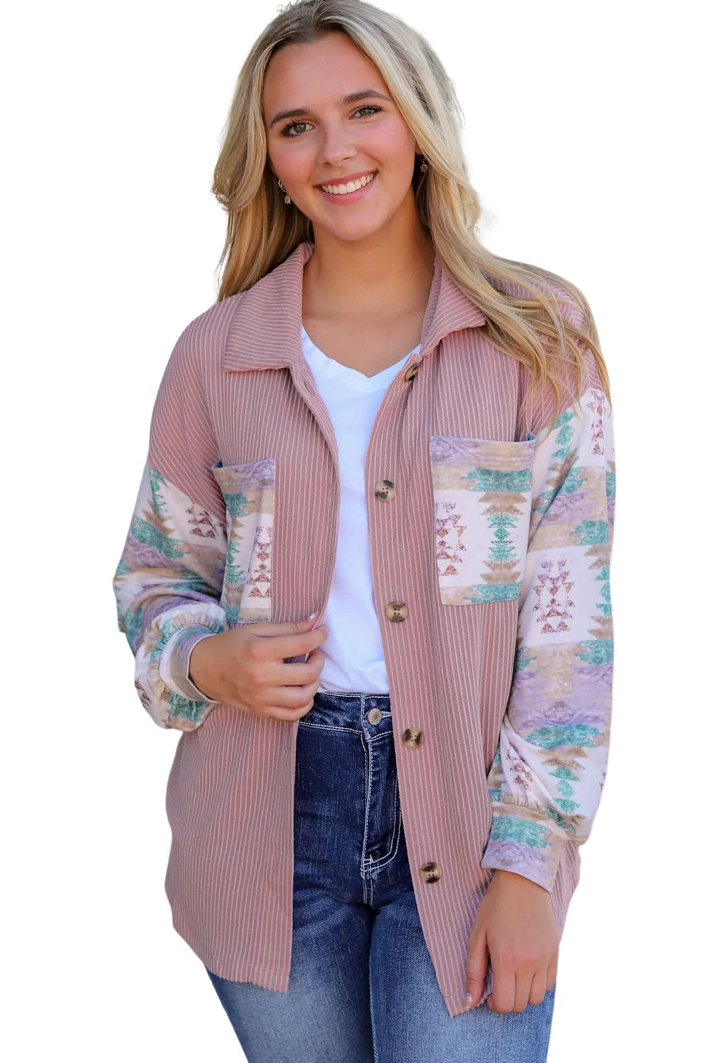 Pink Toltec Corduroy Contrast Shacket - Chic Meadow Boutique 