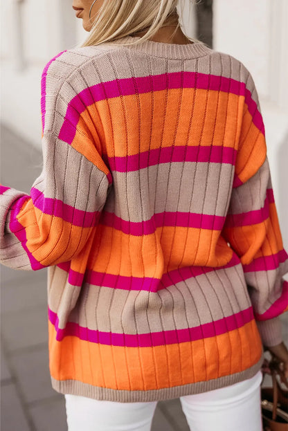 Orange Striped Colorblock Drop Shoulder Slouchy Cardigan - Chic Meadow Boutique 