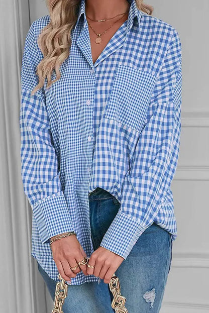 Sky Blue Stripe Plaid Patchwork Button up Long Sleeve Shirt - Chic Meadow Boutique 