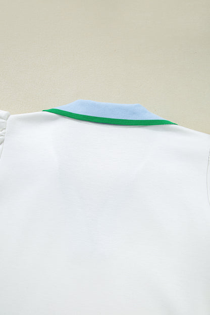 White Colorblock Edge Cap Sleeve Collared Top 2 Piece Skirt Set