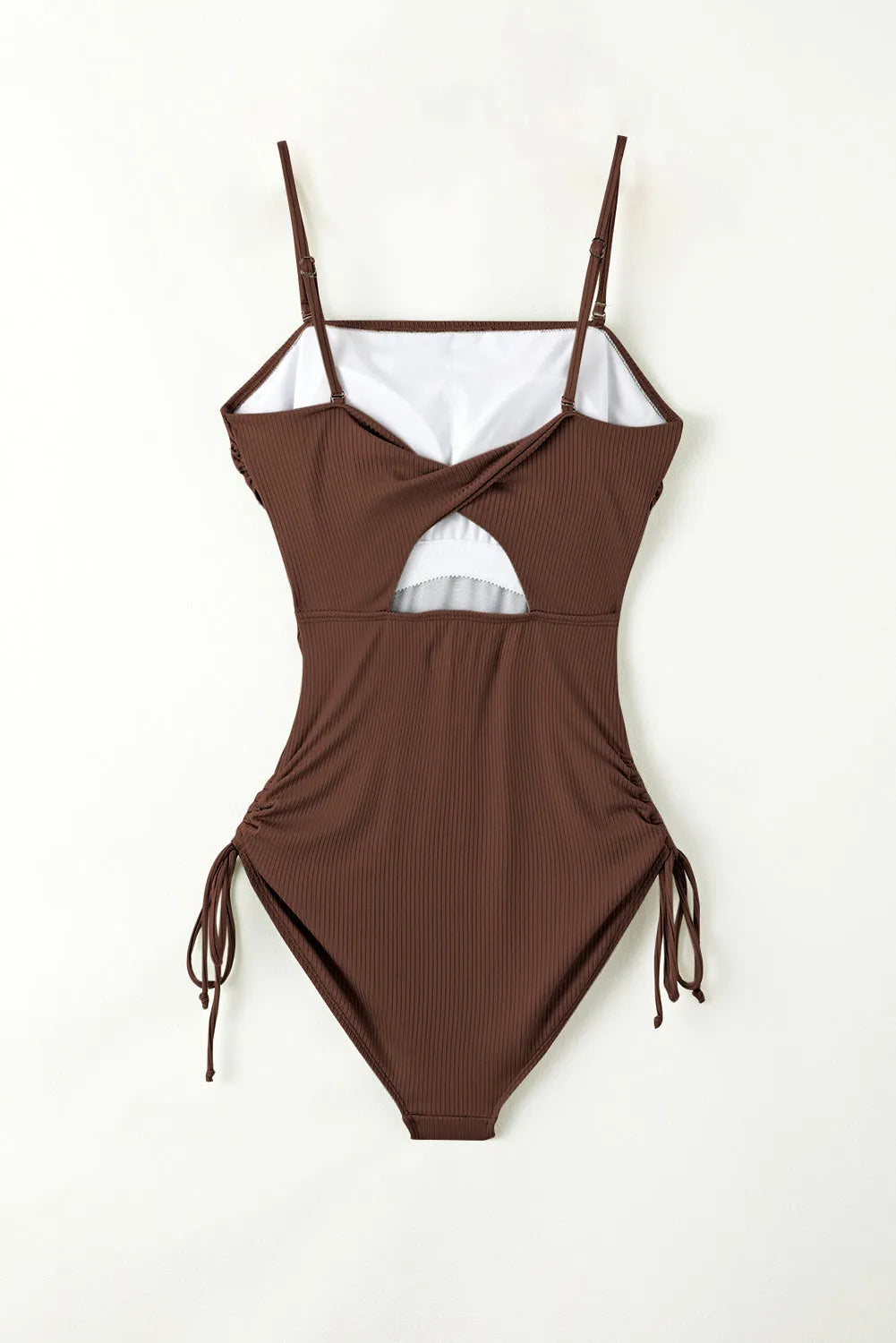 Coffee Ribbed Drawstring Sides Cutout One Piece Swimsuit - Chic Meadow Boutique 