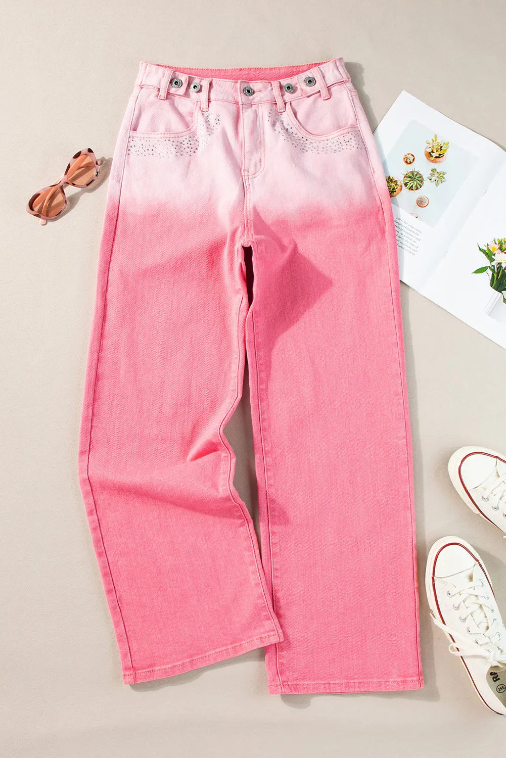 Pink Scattering Rhinestone Gradient Denim Pants - Chic Meadow Boutique 