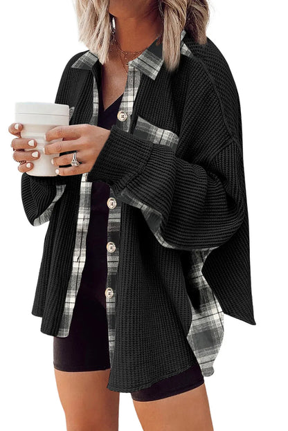 Black Plaid Patchwork Waffle Thermal Knit Shacket - Chic Meadow Boutique 