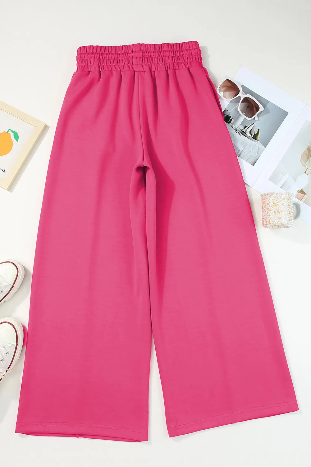 Rose Red Terry Knit Drawstring Smocked Waist Wide Leg Sweatpants - Chic Meadow Boutique 