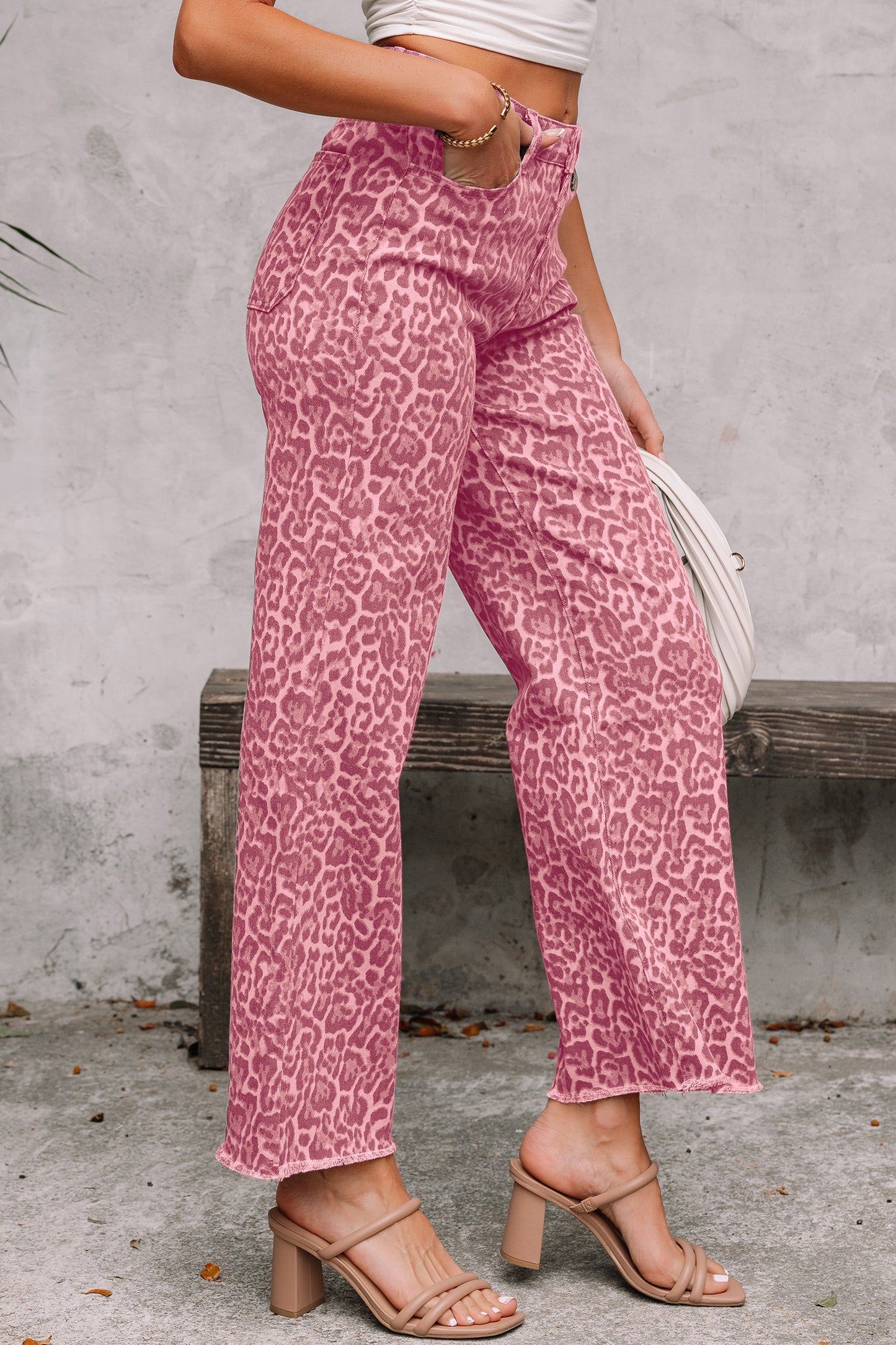 Rose Leopard Frayed Edge Wide Leg High Waist Jeans