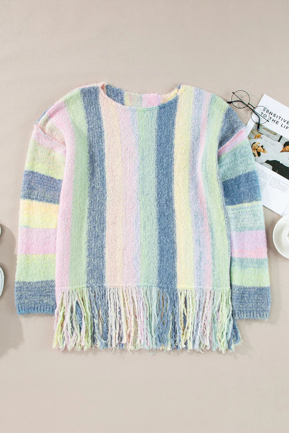 Purple Color Block Fringed Drop Shoulder Tunic Sweater - Chic Meadow Boutique 