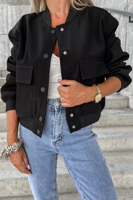 Black Big Pockets Baseball Collar Jacket - Chic Meadow Boutique 