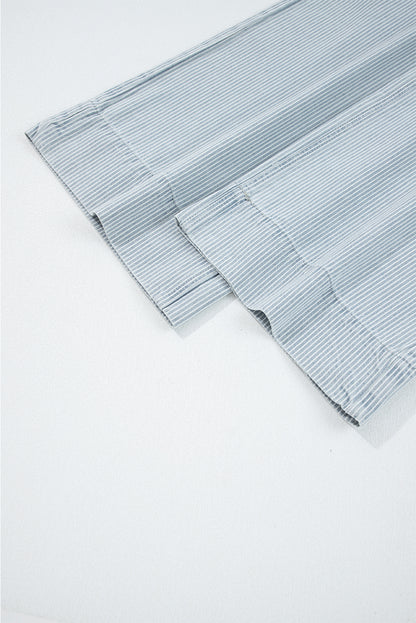 Sky Blue Stripe Button Flap Pocket Cuffed Hem Wide Leg Jeans