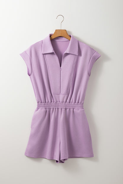 Orchid Bouquet Short Sleeve Zipper Collared Elastic High Waist Romper