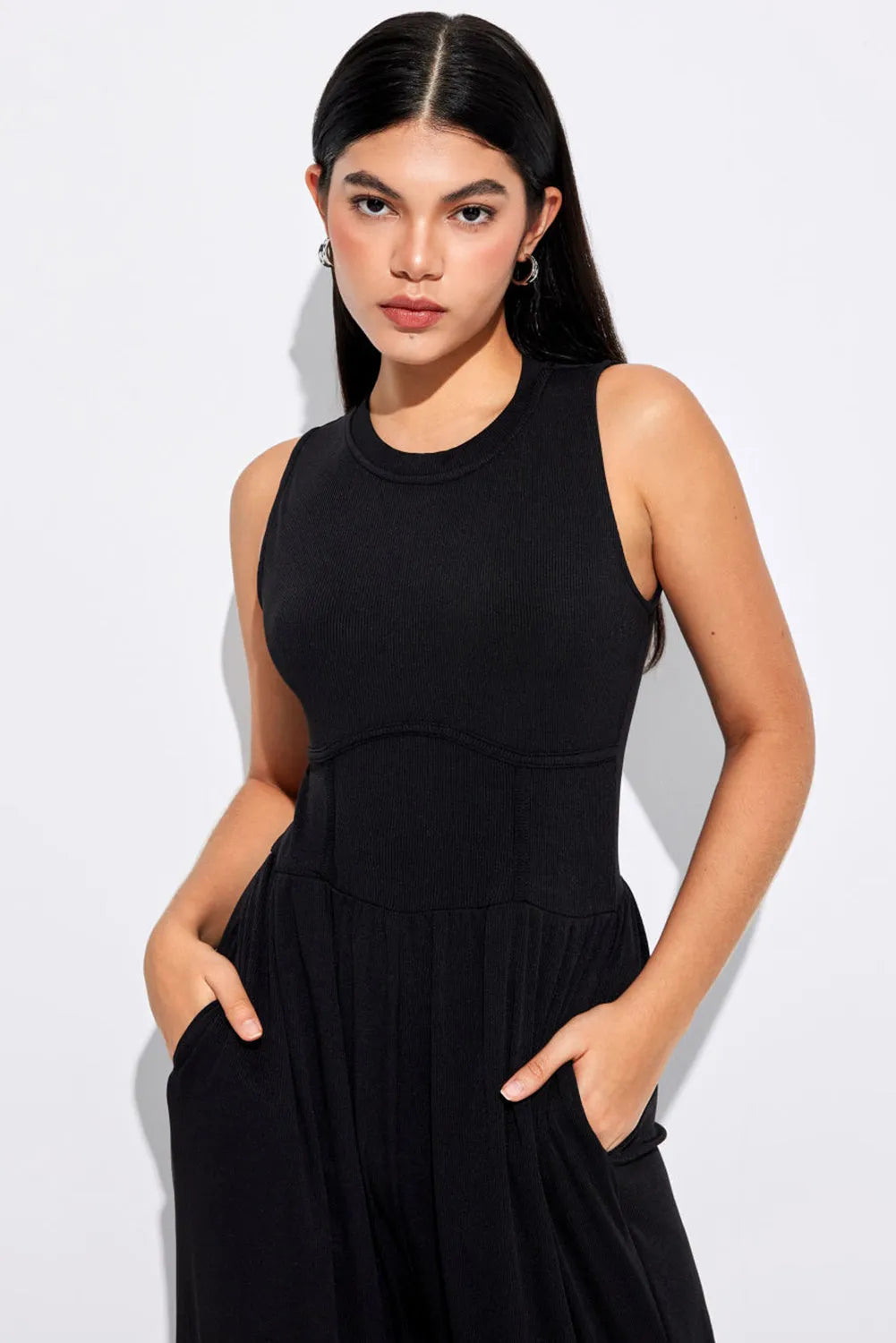 Black Cinched Waist Sleeveless Wide Leg Jumpsuit - Chic Meadow Boutique 