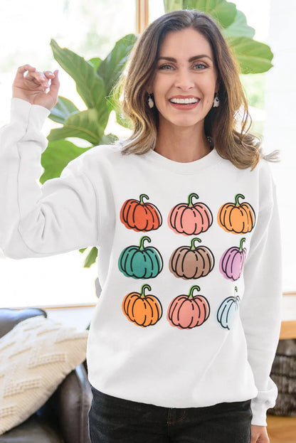 Beige Vibrant Pumpkins Print Crew Neck Halloween Sweatshirt - Chic Meadow Boutique 