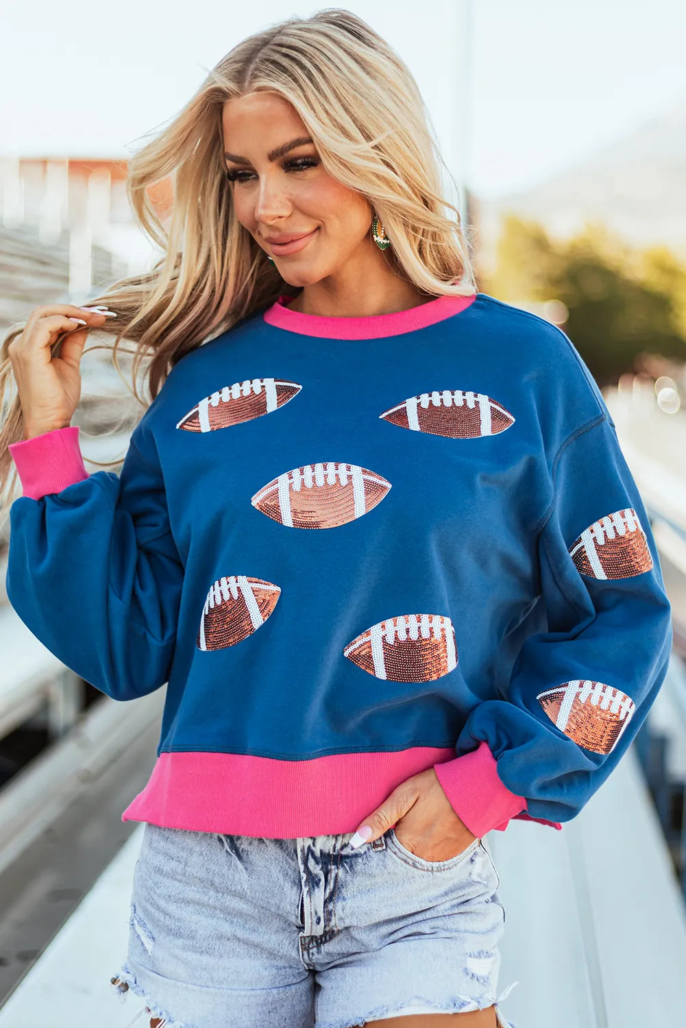 Blue Sequin Rugby Color Block Bubble Sleeve Sweatshirt - Chic Meadow Boutique 