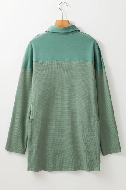 Smoke Green Waffle Long Sleeve Collar Half Button Loose Top - Chic Meadow Boutique 