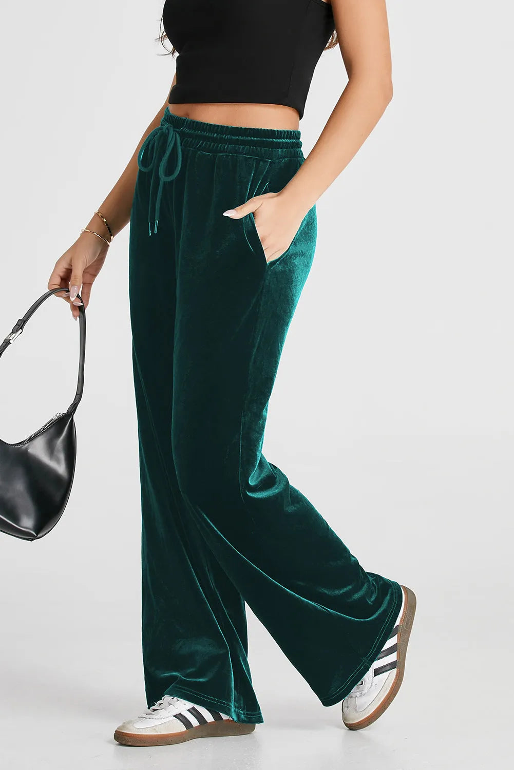 Evergreen Solid Drawstring Waist Wide Leg Pants - Chic Meadow Boutique 