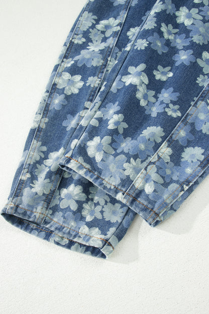 Sky Blue Dainty Floral Printed Drawstring Barrel Jeans