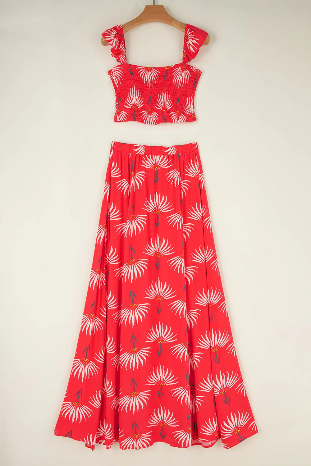 Red Floral Shirred Off Shoulder Crop Top and Slit Maxi Skirt Set - Chic Meadow Boutique 