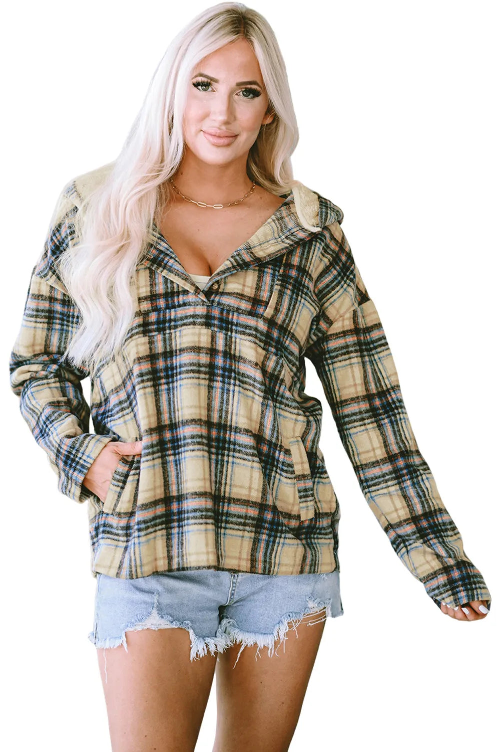 Khaki Plaid Button Neck Pocketed Pullover Hoodie - Chic Meadow Boutique 