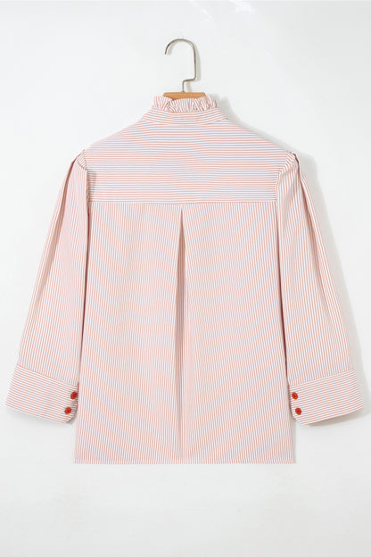 Khaki Stripe Color Block Patchwork Detail Frilled Collar Button Down Shirt