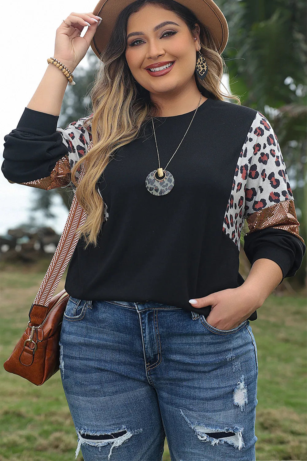 Black Leopard Sequin Patch Plus Size Long Sleeve Top - Chic Meadow Boutique 