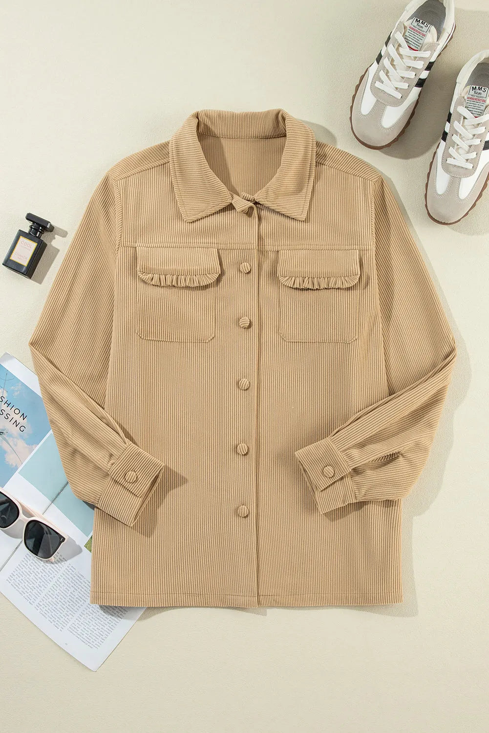 Light French Beige Solid Frilled Flap Pocket Button Up Corduroy Shacket - Chic Meadow Boutique 