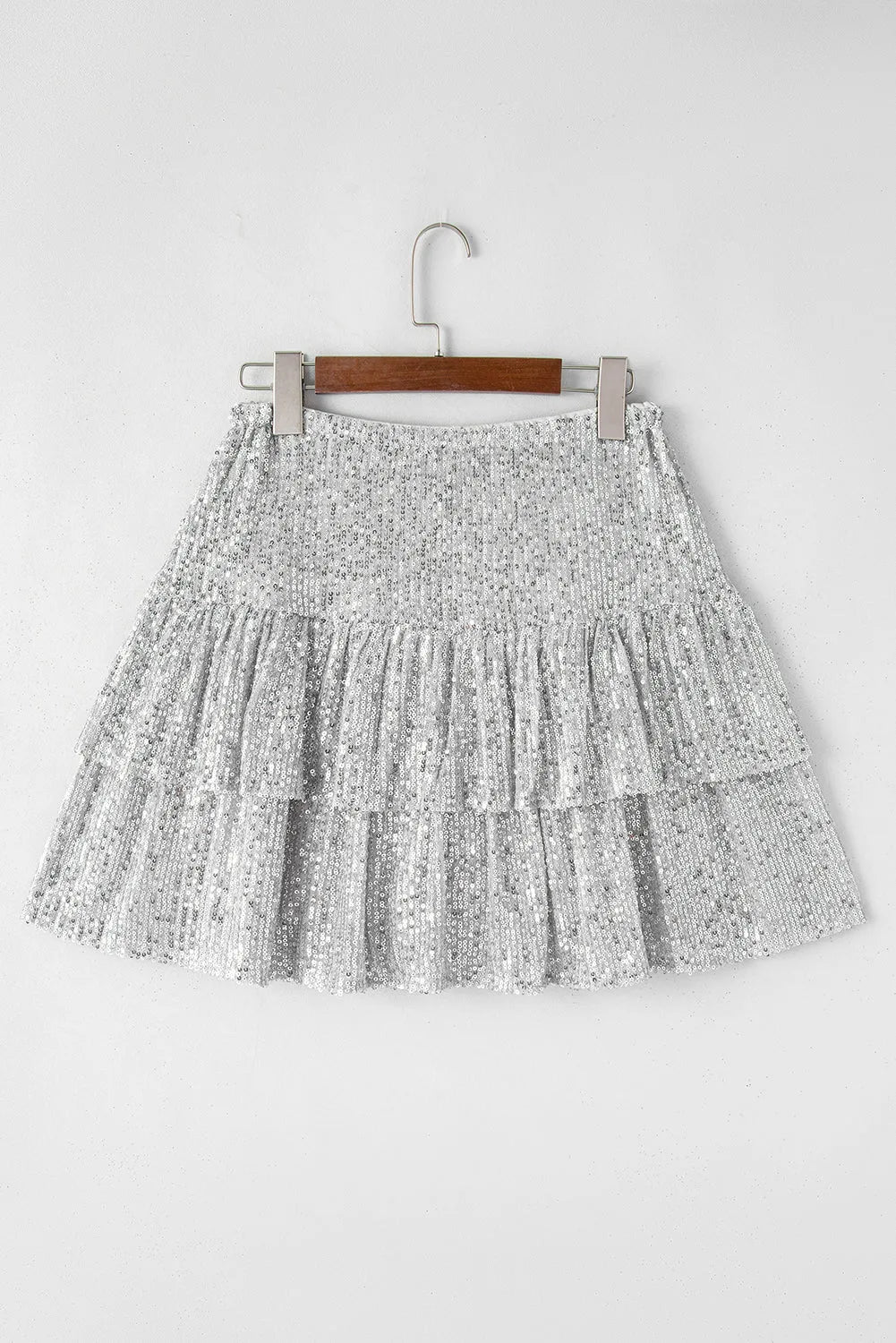 Silvery Sequin Tiered Ruffles Mini Skirt - Chic Meadow Boutique 