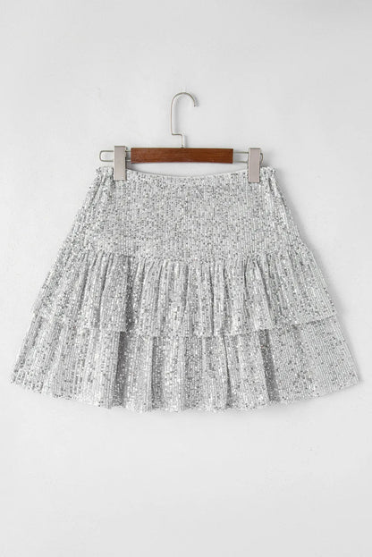 Silvery Sequin Tiered Ruffles Mini Skirt - Chic Meadow Boutique 