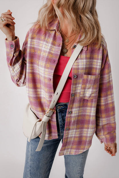 Pink Plaid Print Chest Pocket Long Sleeve Shacket - Chic Meadow Boutique 