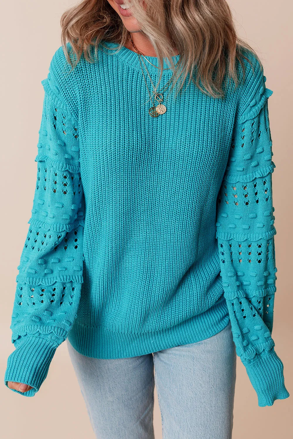 Turquoise Ruffled Eyelet Bubble Sleeve Sweater - Chic Meadow Boutique 