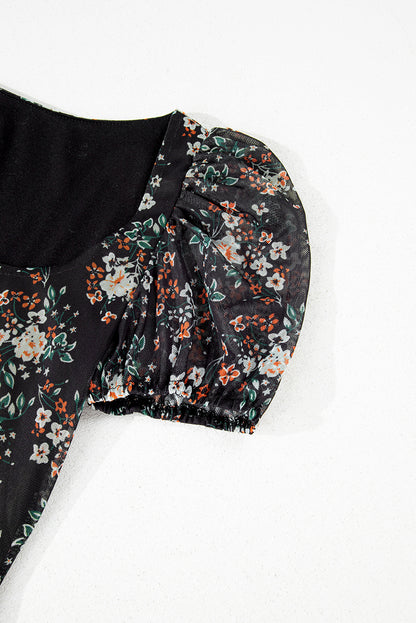 Black Floral Print U Neck Short Puff Sleeve Bodysuit