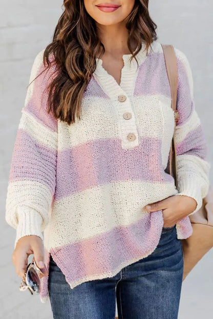 Pink Striped Knit Button Ribbed Split Neck Sweater - Chic Meadow Boutique 