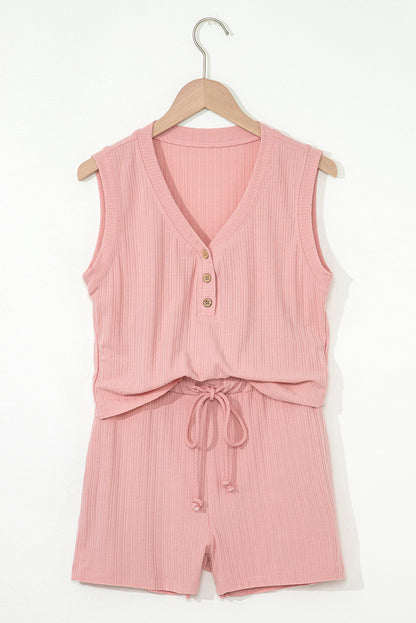 Gossamer Pink Ribbed Button V Neck Tank Top and Shorts Set