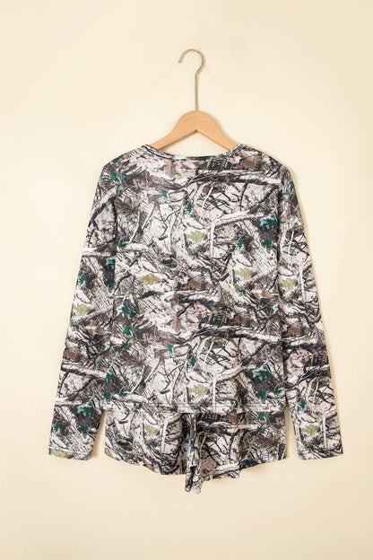 Brown Camo Long Sleeve Top Elastic Waist Shorts Two Piece Set