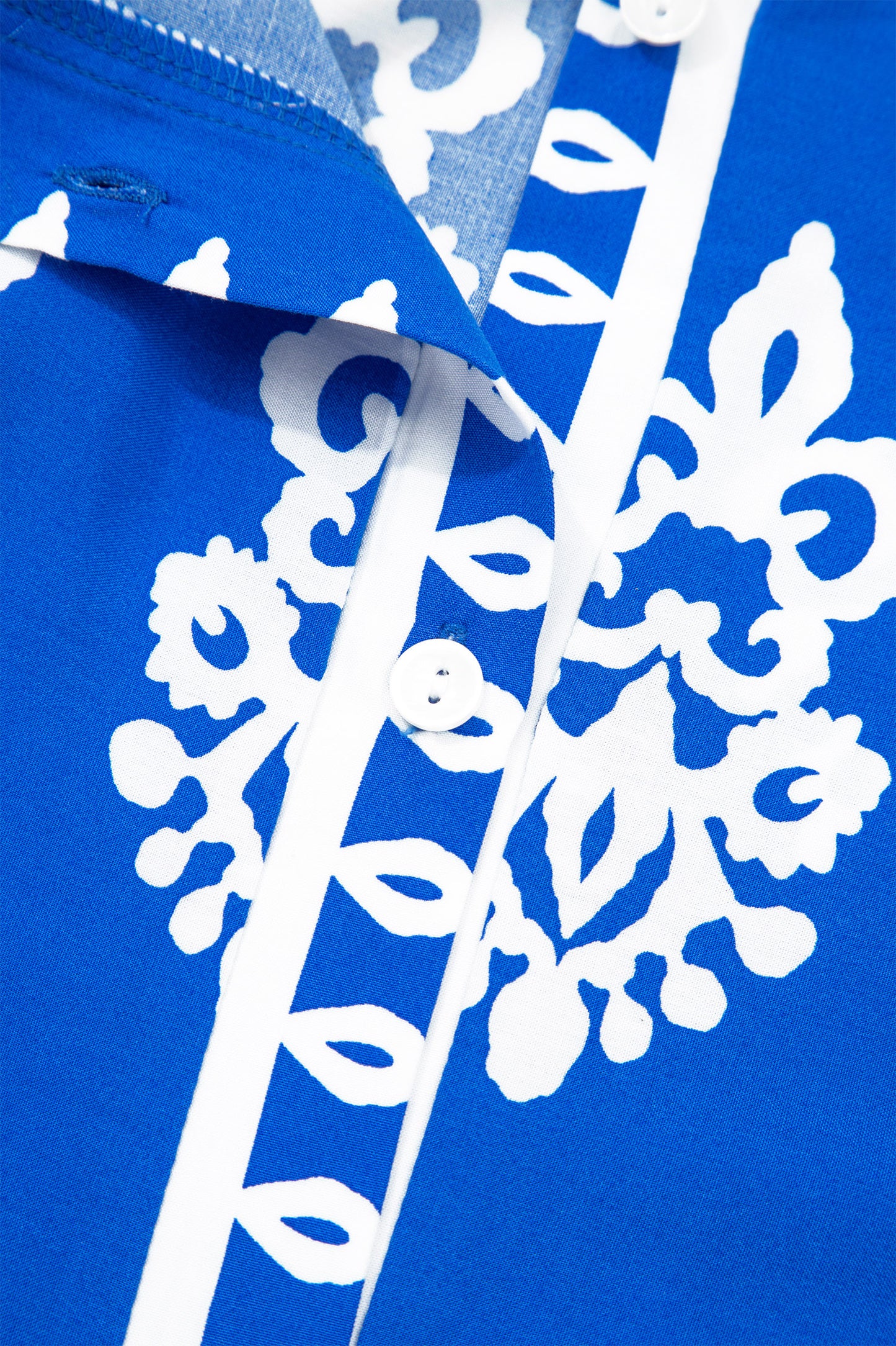 Blue Ethnic Geometric Print Collared Button Front Short Puff Sleeve Mini Dress