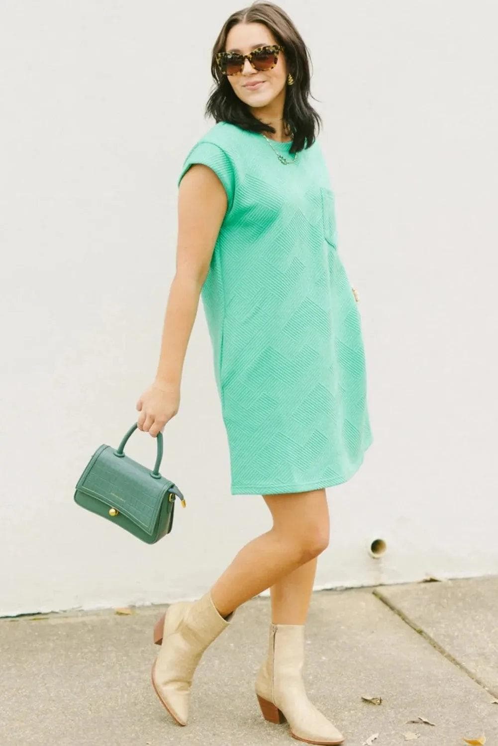 Mint Green Textured Cap Sleeve T Shirt Dress - Chic Meadow Boutique 