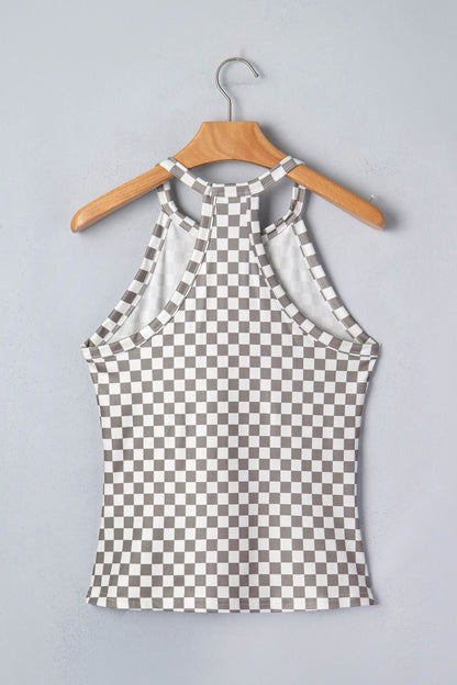 Gray Checkered Print Textured Halter Tank Top