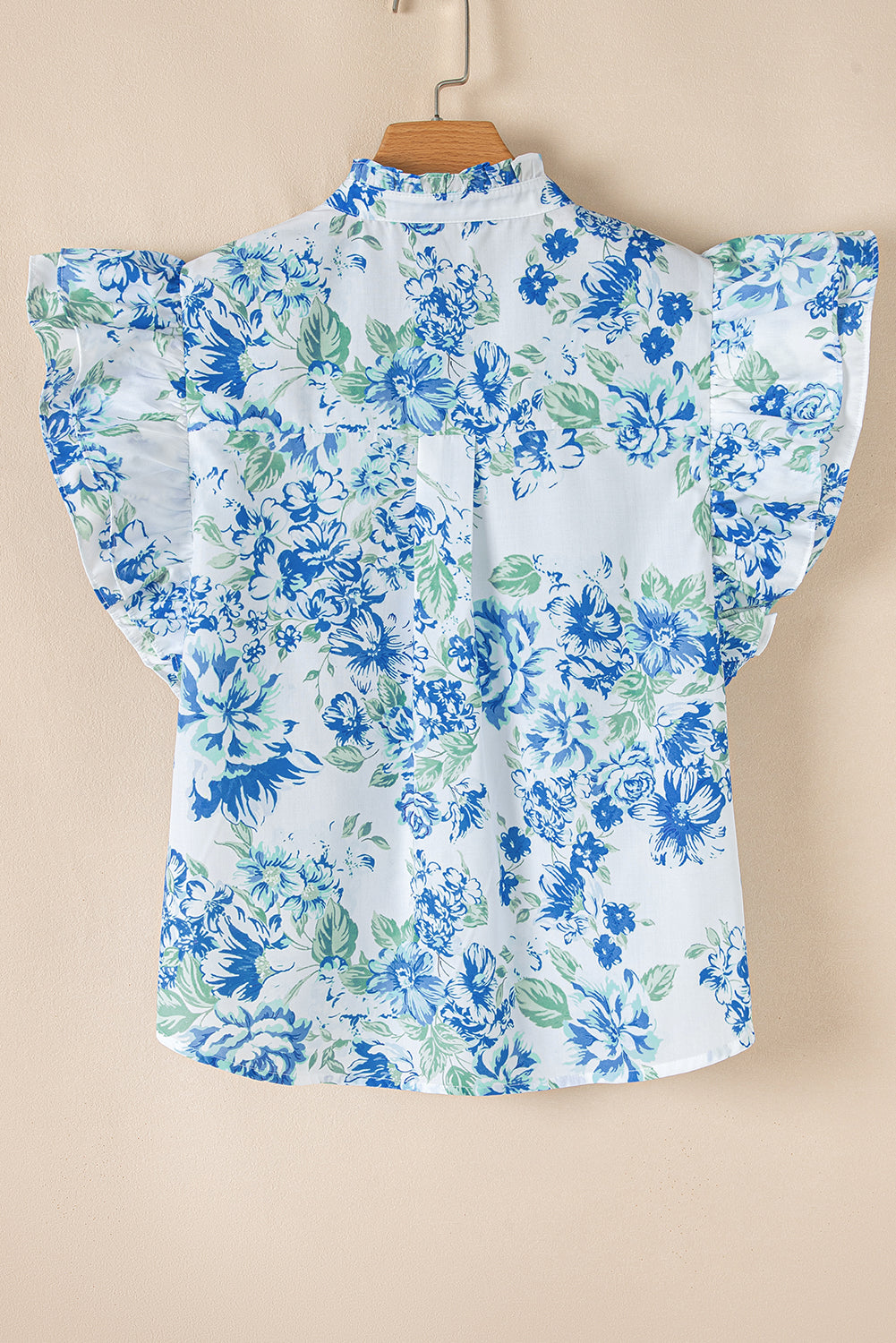 Sky Blue Floral Print Ruffle Sleeve Frilly Button Up Shirt