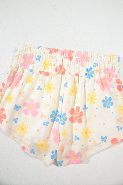 Apricot Floral Print Crop Top Wide Leg Short Set