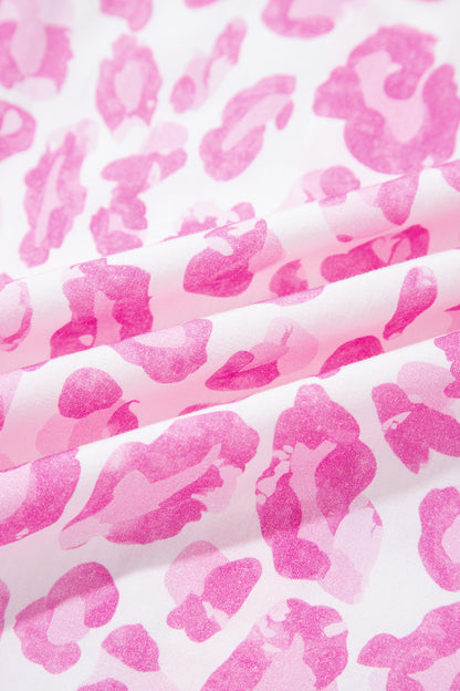 Pink Abstract Leopard Print Tie Waist Puff Sleeve Mini Shirt Dress