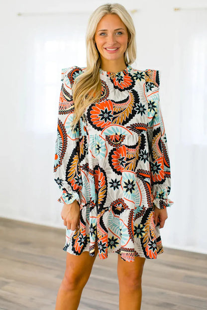 White Printed Boho Paisley Floral Print Puff Sleeve Mini Dress - Chic Meadow Boutique 