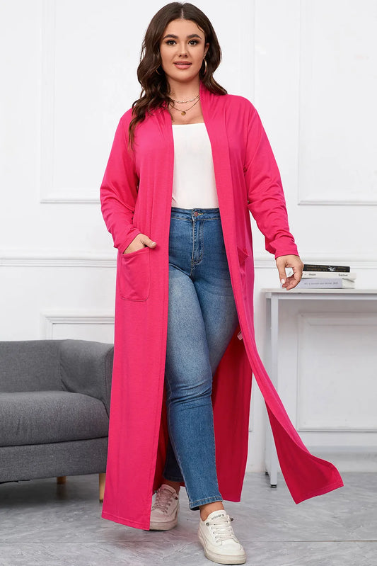 Strawberry Pink Plus Size Side Split Pockets Duster Cardigan - Chic Meadow Boutique 