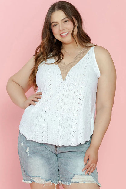 White Plus Size Guipure V Neck Eyelet Lace Tank Top - Chic Meadow Boutique 