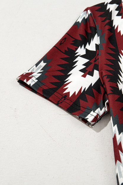 Red Western Aztec Printed Long T-shirt Dress