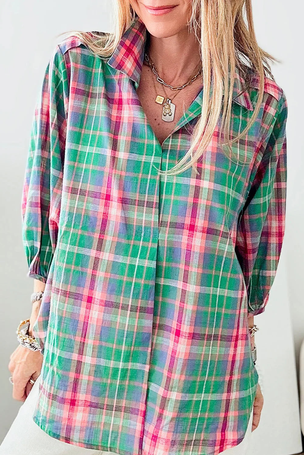 Green Checkered 3/4 Sleeve Collared Loose Fit Shirt - Chic Meadow Boutique 