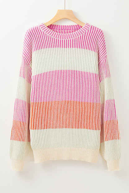 Pink Colorblock Textured Knit Bubble Sleeve Sweater