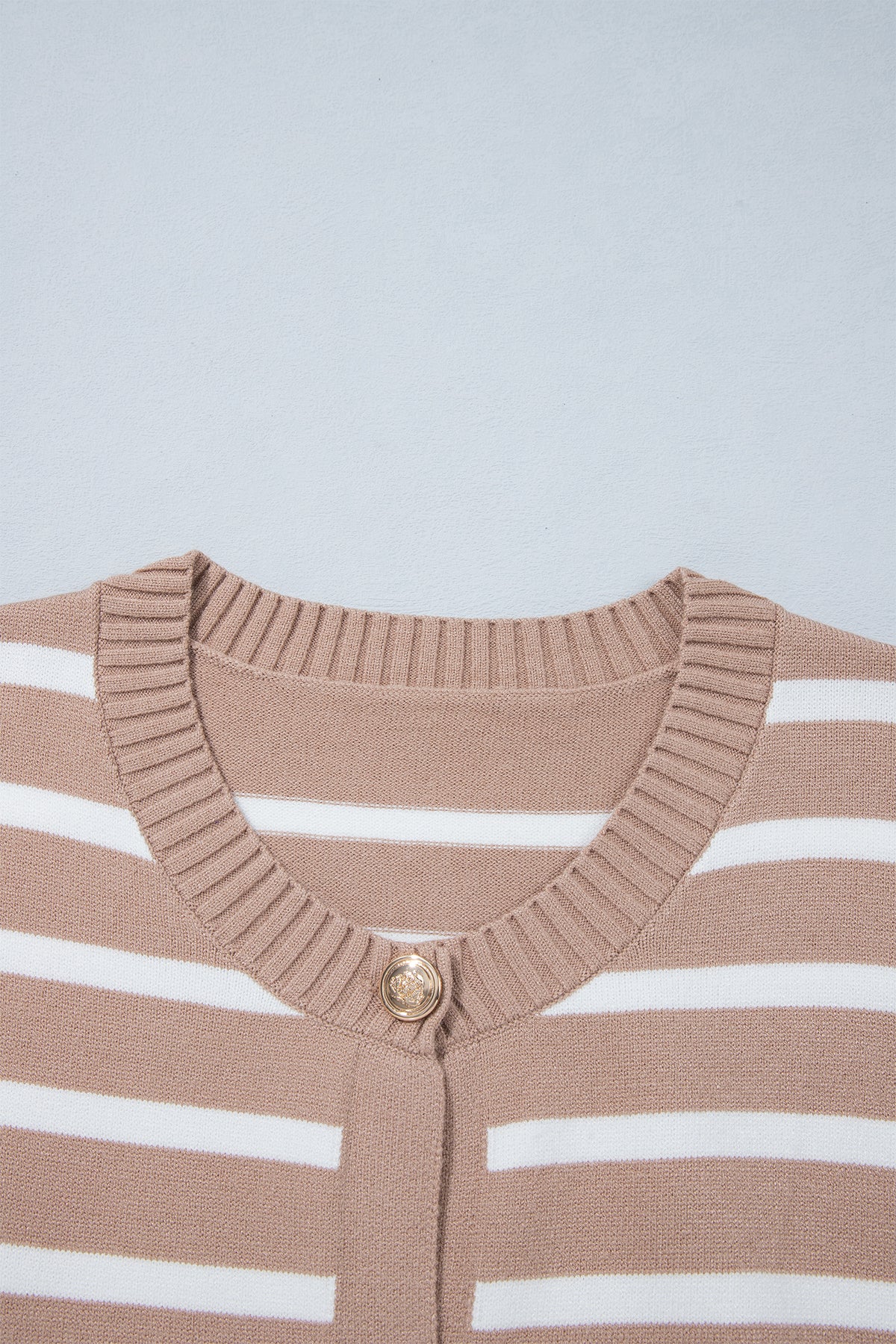 Khaki Stripe Button Down Short Sleeve Knit Plus Size Cardigan